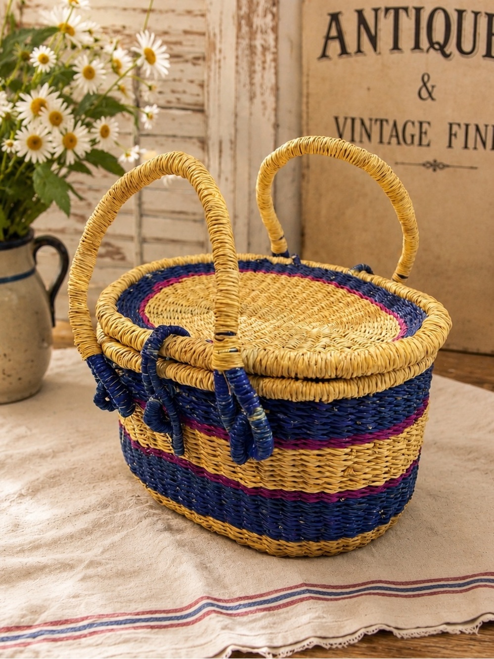 VTG Globebin Hand Woven Artisan Picnic Basket Bolga Del Ray Style